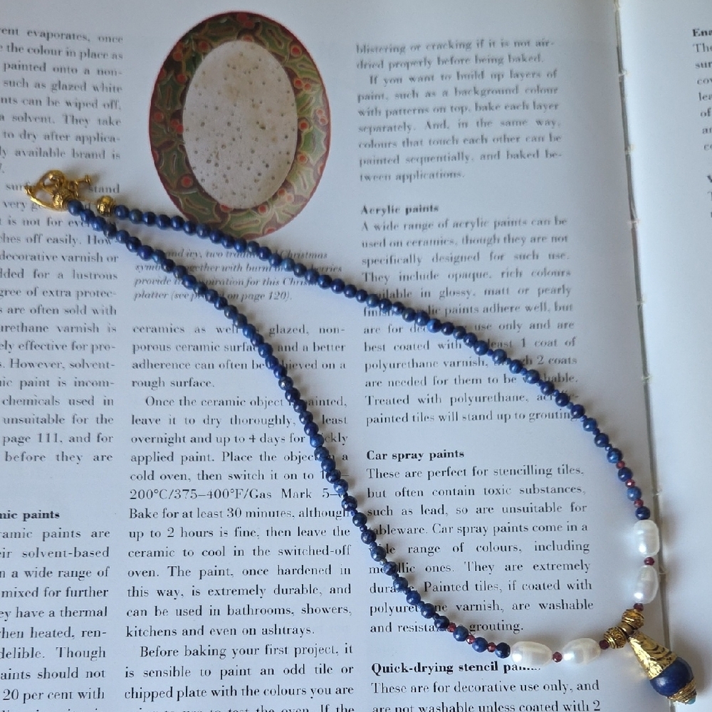 Real Lapis Lazuli Bead Necklace With Gold Pendant -Handcraft/  Boho Style - Picture 9 of 12